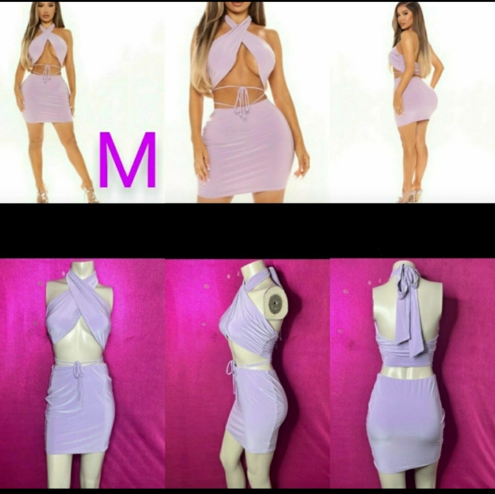 🆕Purple Lilac Sexy Two Piece Open Front Halter Top & Skirt Dress Set    Size M - Picture 3 of 13